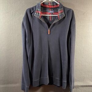 Lands End‎ men cotton 1/4 Zip large Pullover Sweater Navy Blue Plaid classic